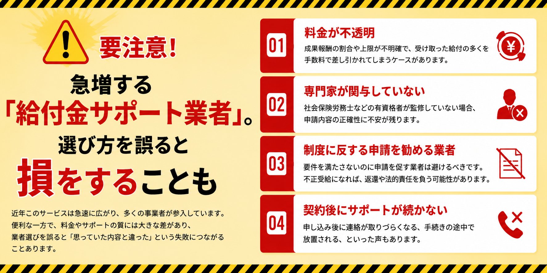 急増する給付金サポート業者。選び方を誤ると損をすることも。注意点4つ：①料金が不透明 ②専門家が関与していない ③制度に反する申請を勧める業者 ④契約後にサポートが続かない。